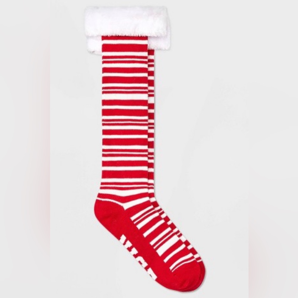 Women’s Naughty or Nice striped Holiday Knee High Socks with Faux Fur Cuff